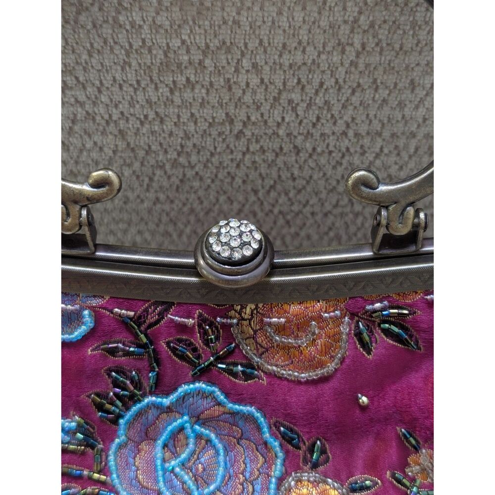 Vintage Beaded Satin Kiss Lock Bag Y2K Evening Purse Statement Wedding Guest - Picture 6 of 10